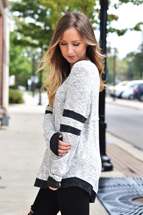 Grey Varsity Striped Long Sleeve Top