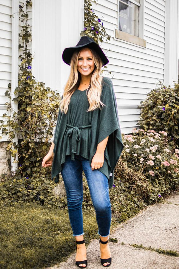 Olive Brushed Knit Poncho