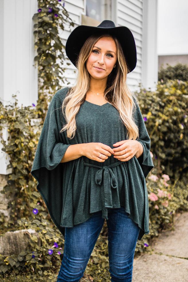 Olive Brushed Knit Poncho