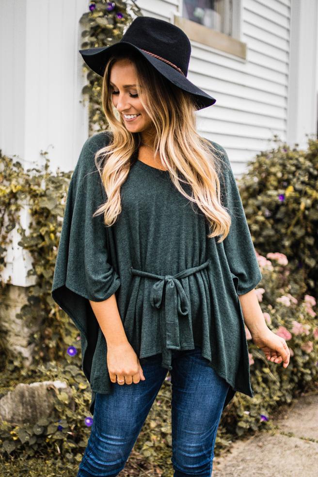 Olive Brushed Knit Poncho