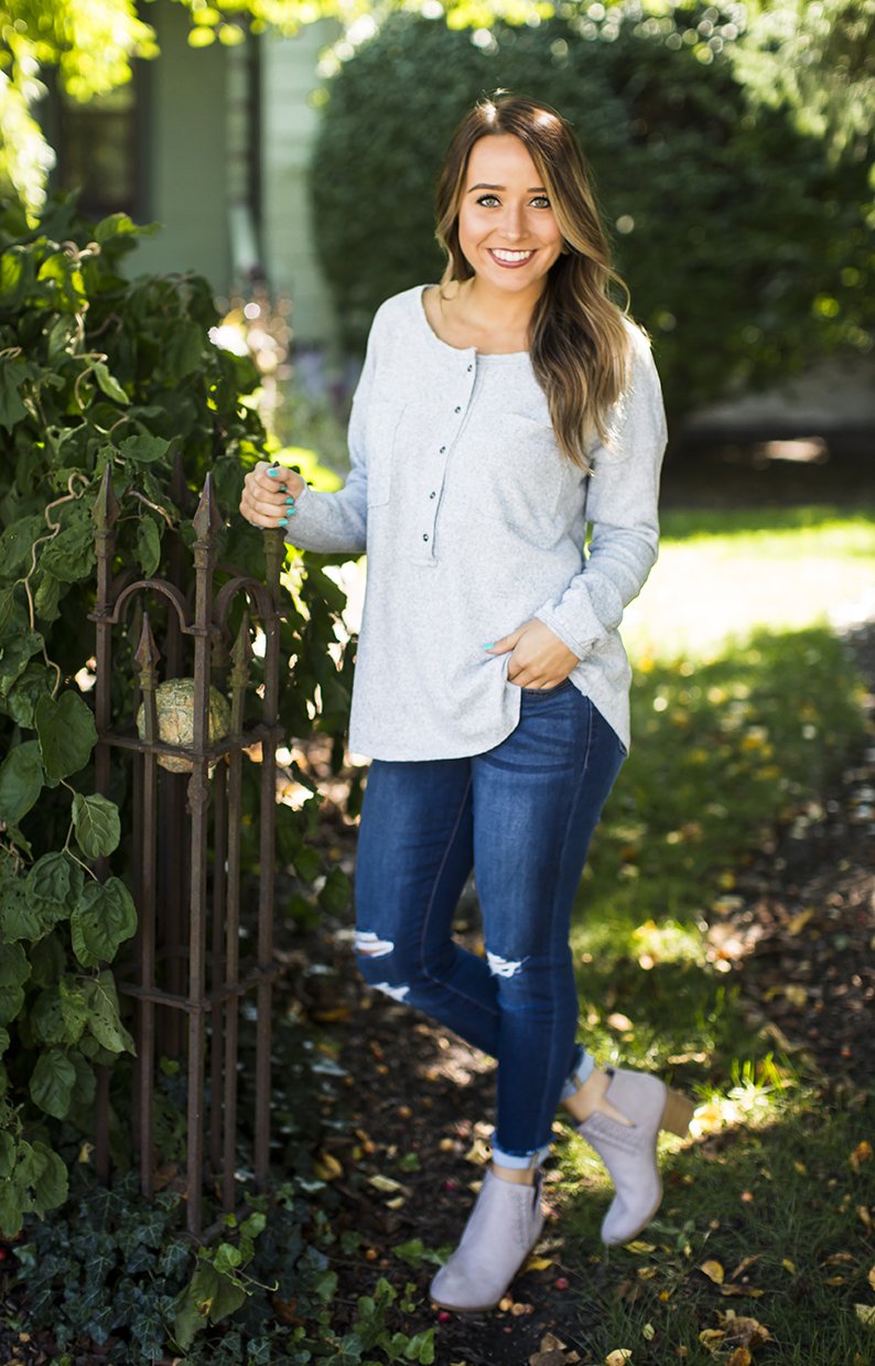 Heather Grey Round Neck Henley Top