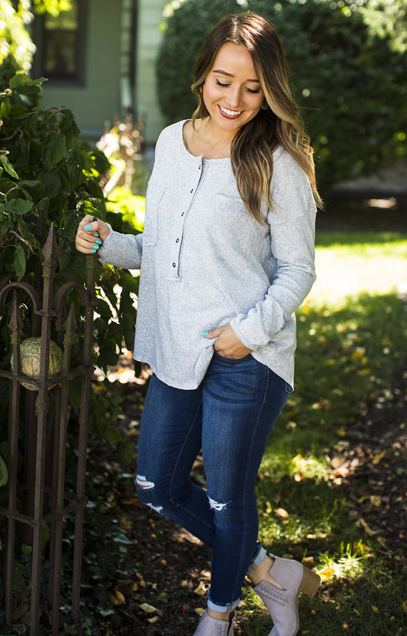 Heather Grey Round Neck Henley Top