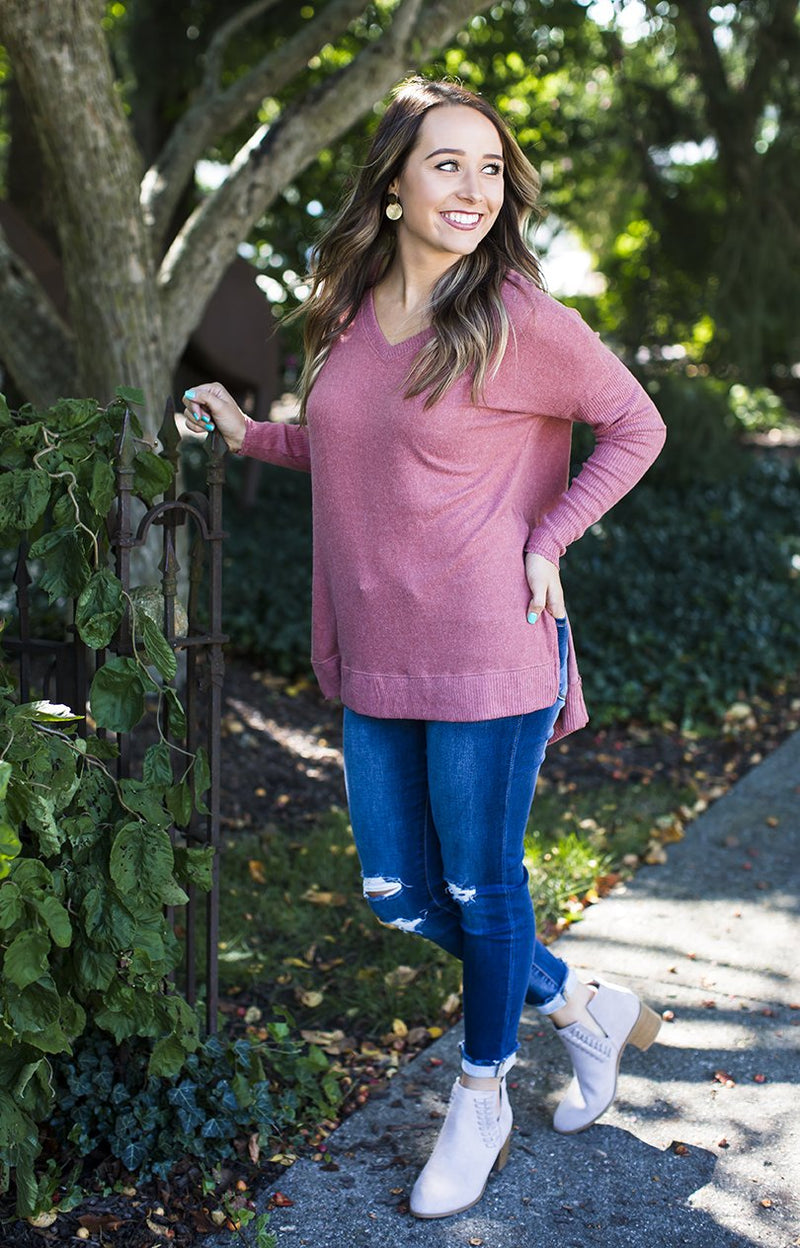 Marsala Long Sleeve V Neck