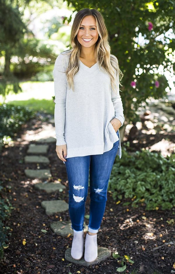 Grey Long Sleeve V Neck