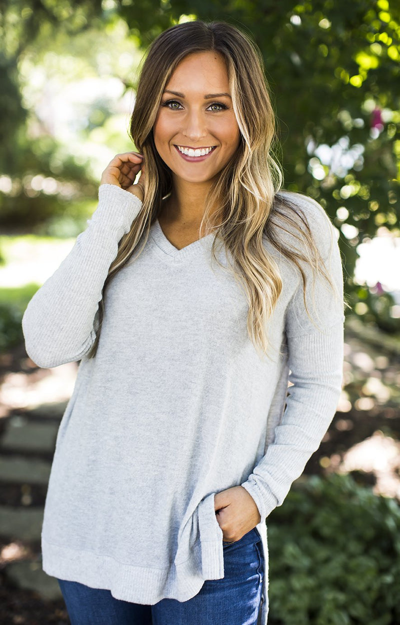 Grey Long Sleeve V Neck