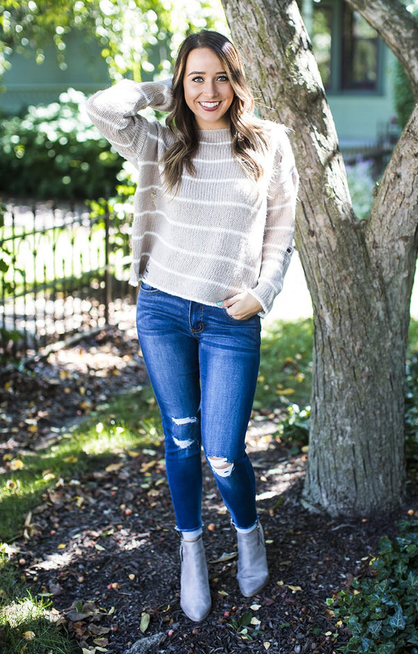 Taupe Striped Destroyed Sweater