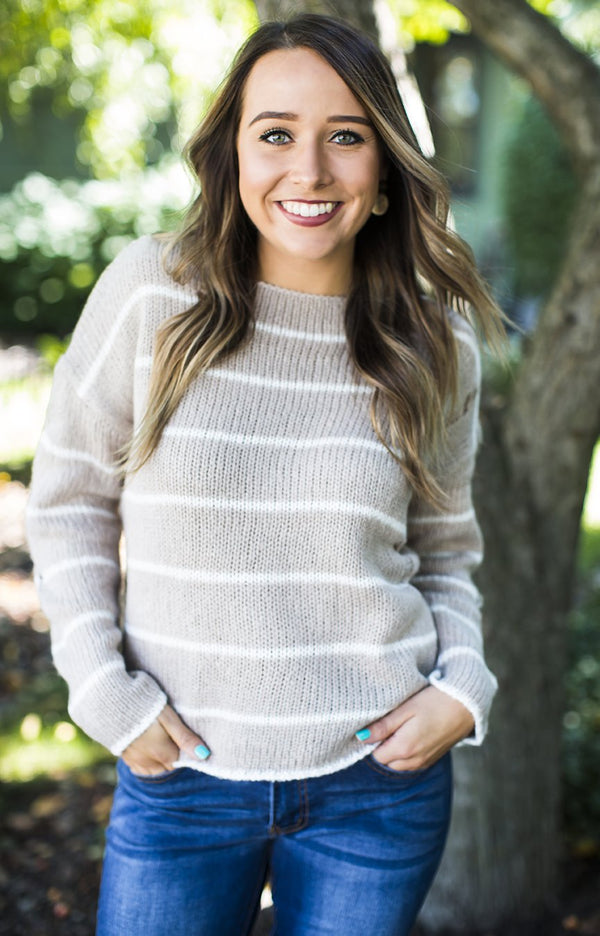 Taupe Striped Destroyed Sweater