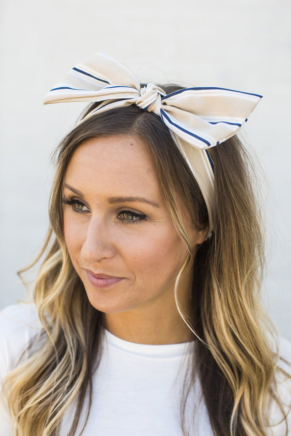 Beige Striped Bow Headband