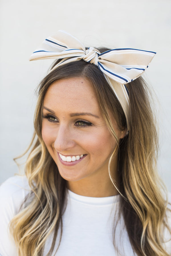 Beige Striped Bow Headband