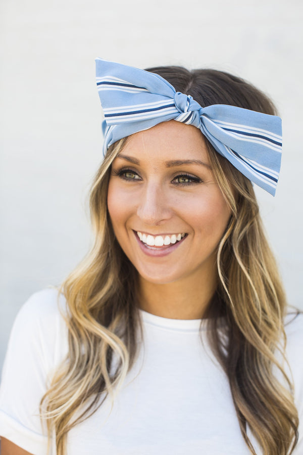 Blue Striped Bow Headband