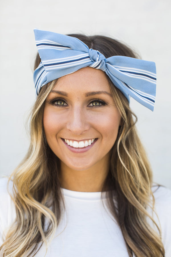 Blue Striped Bow Headband