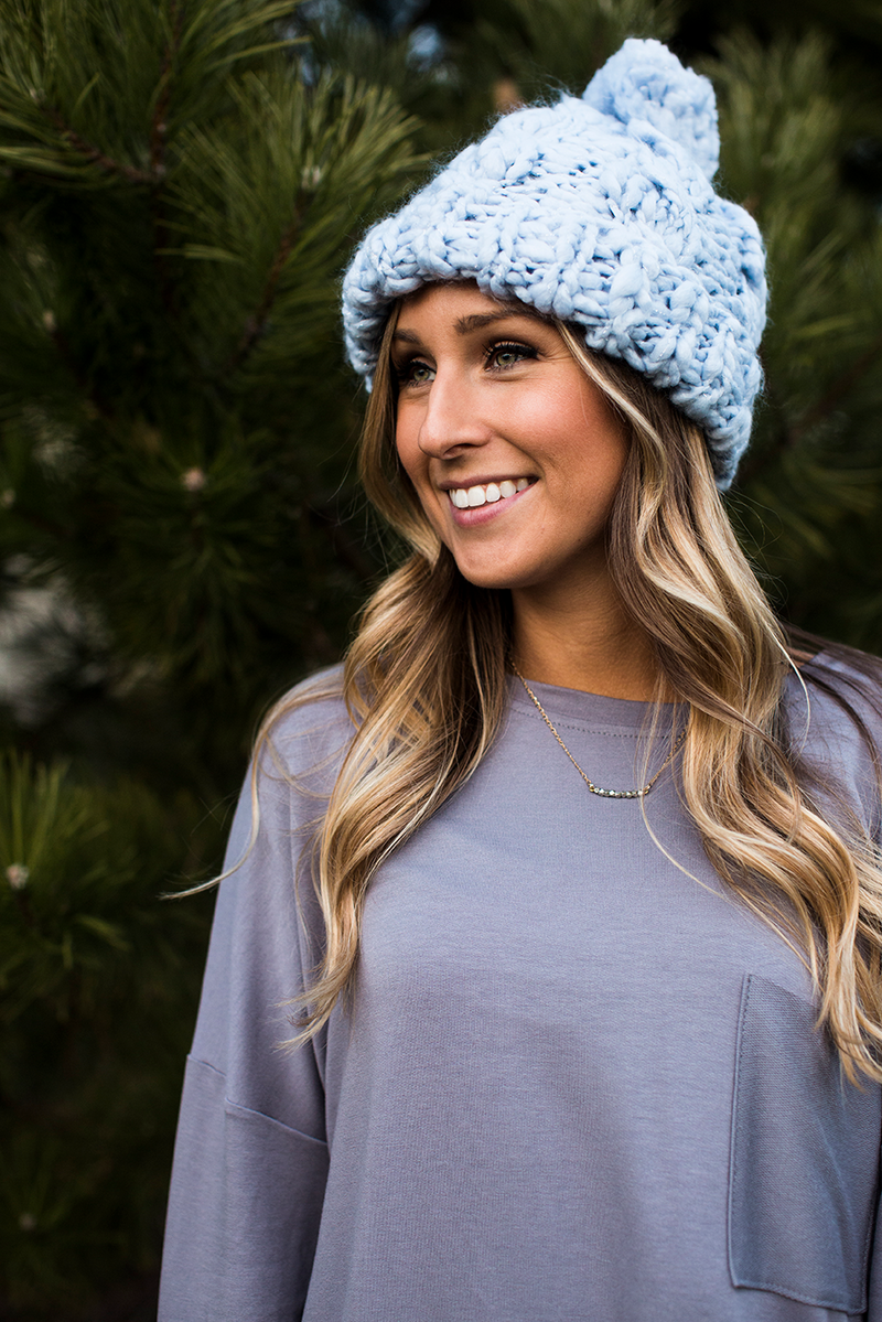 Dusty Blue Pom Pom Hat