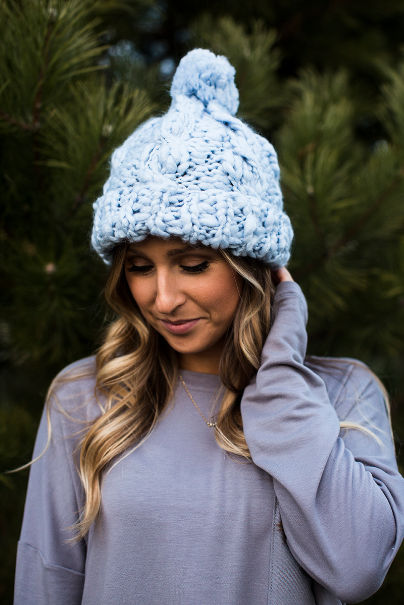 Dusty Blue Pom Pom Hat