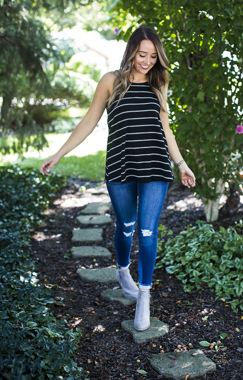 Black/White Striped Ribbed Tank