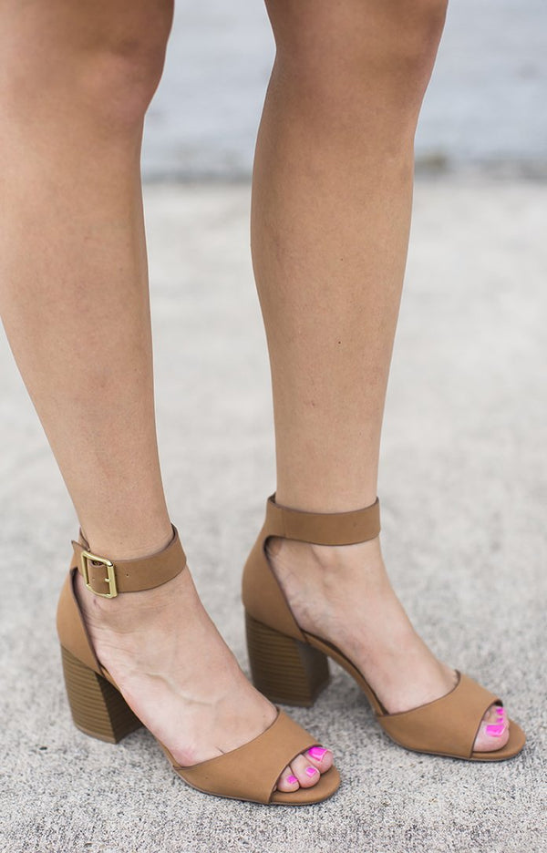 Tan Ankle Strap Chunky Heel