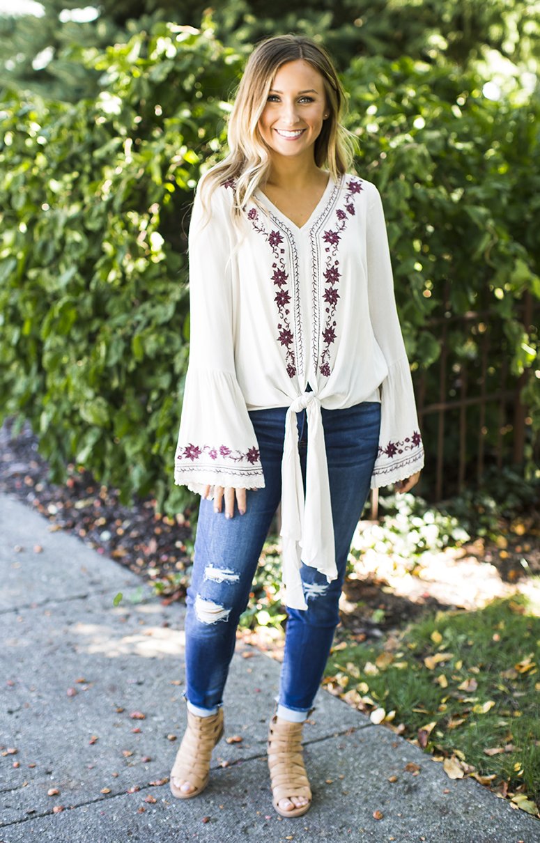 Beige Front Tied Embroidered Top