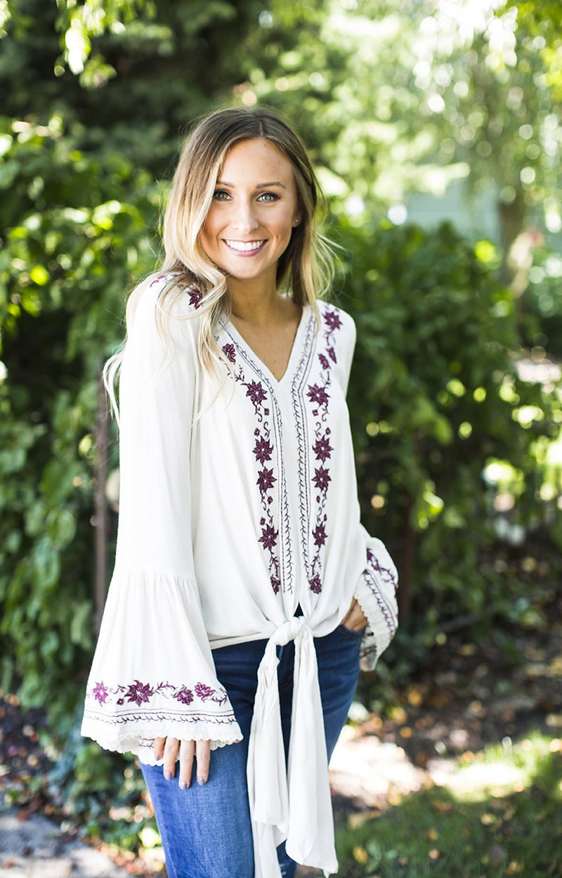 Beige Front Tied Embroidered Top