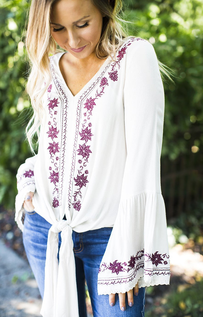 Beige Front Tied Embroidered Top