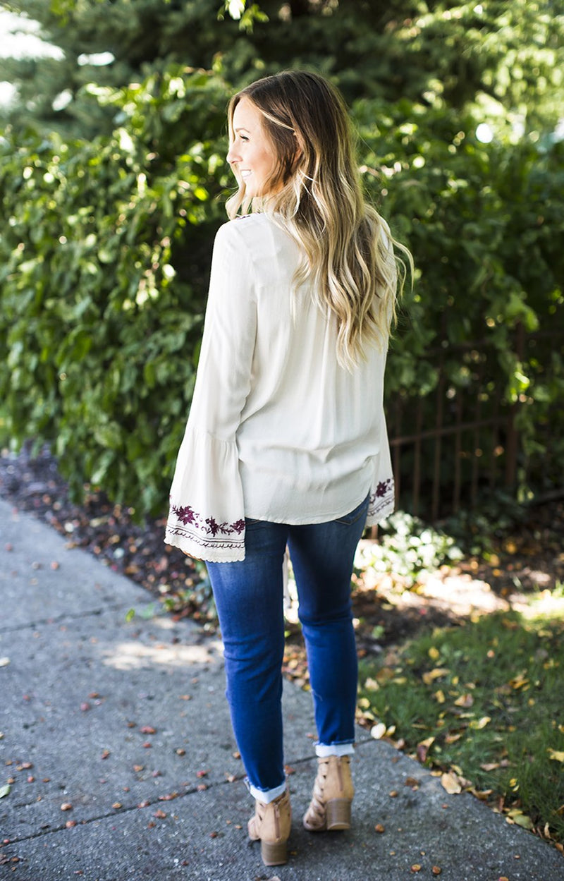 Beige Front Tied Embroidered Top