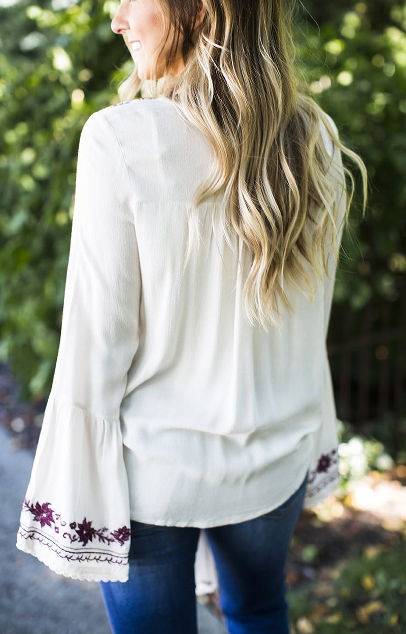 Beige Front Tied Embroidered Top