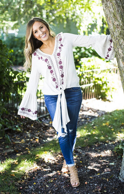 Beige Front Tied Embroidered Top